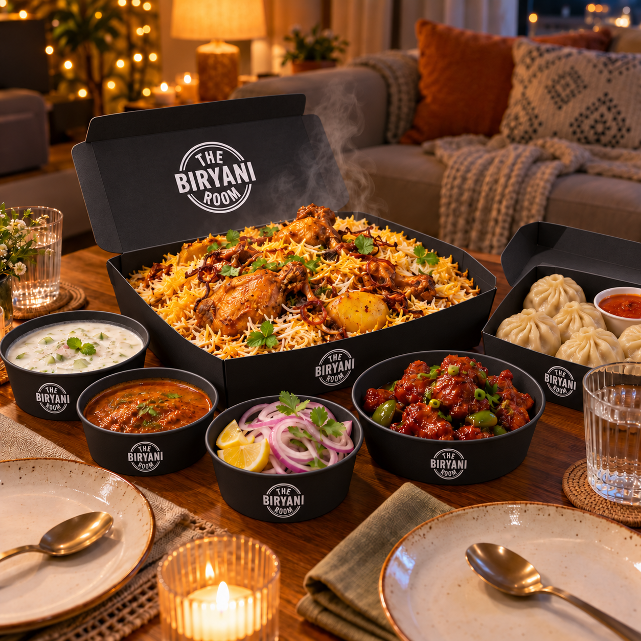 Biryani and side dishes arranged for a cosy delivery night at home